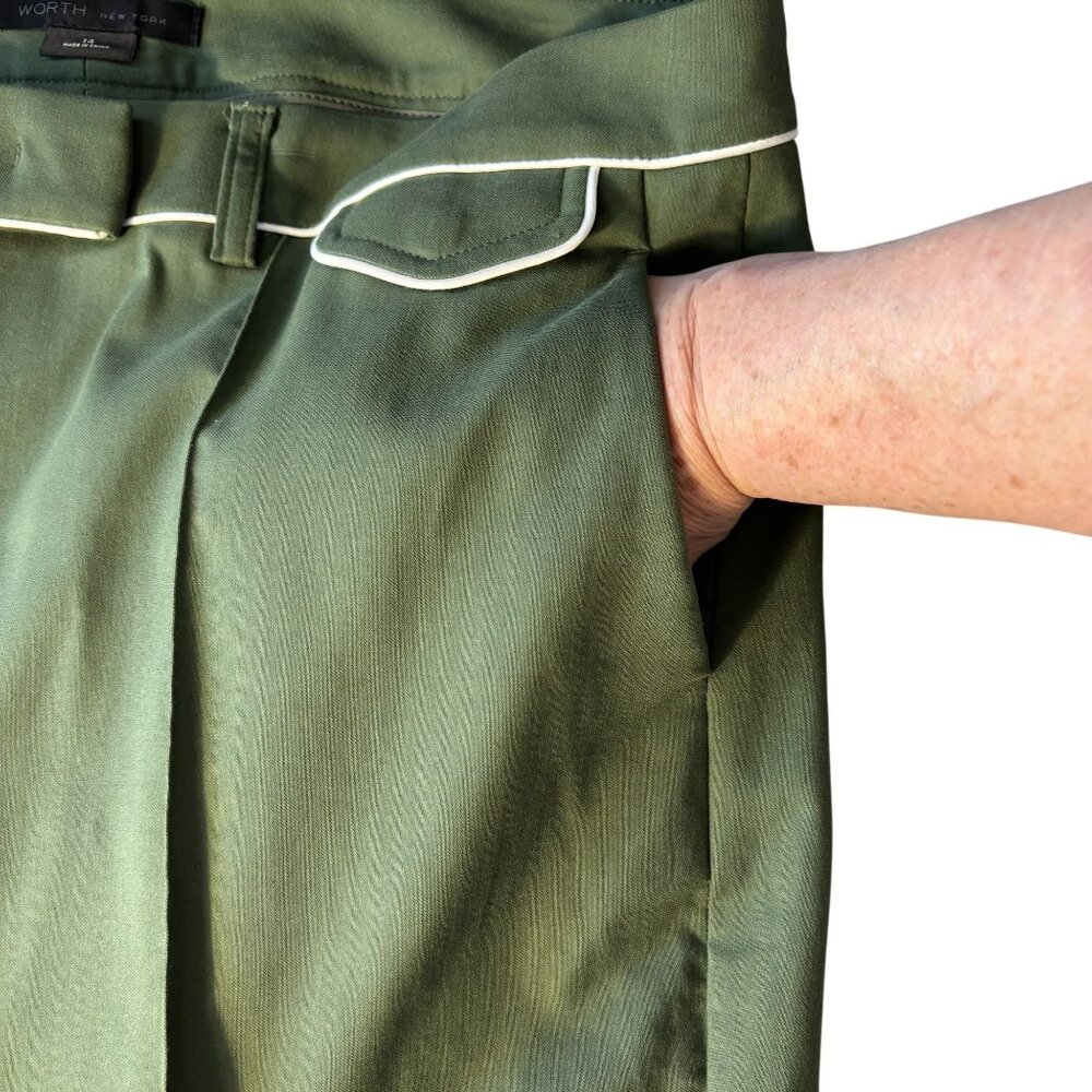 Worth New York Olive Green Dress Pants With White Piping Flat Front - Picture 3 of 12